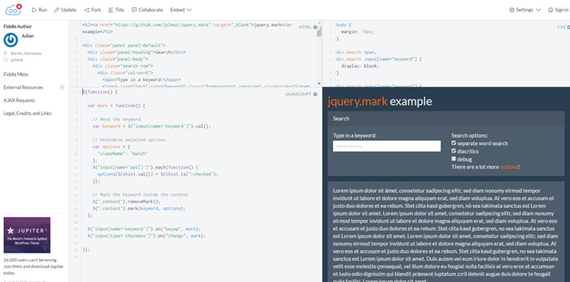 jquery.mark example JSFiddle