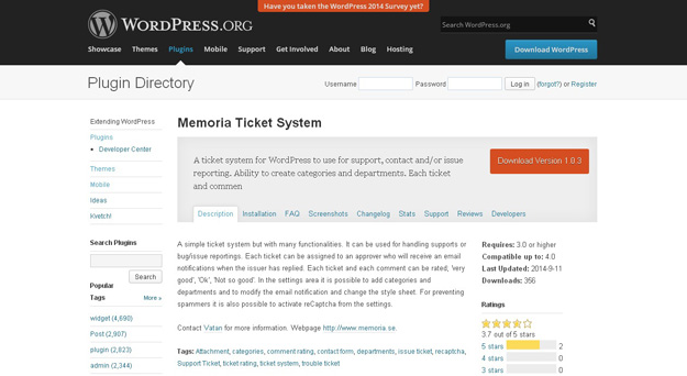 memoria ticket system - Top 15 WordPress Plugins for September 2014